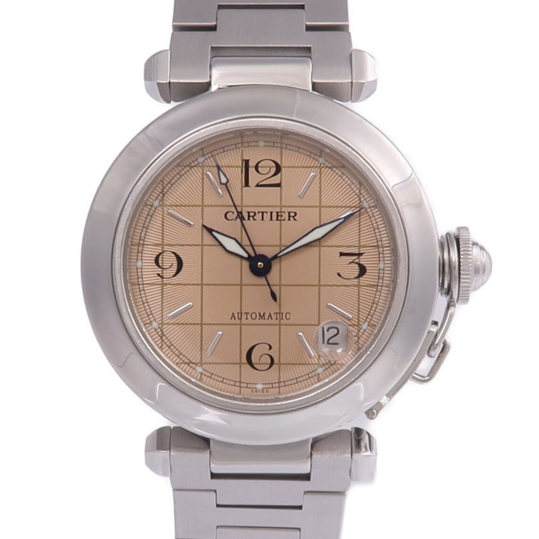 Pasha C Automatic Stainless Steel Wristwatch by Cartier in Salmon Pink: Pasha C Automatic Stainless Steel Wristwatch by Cartier in Salmon Pink This Cartier Pasha C W31024M7 is an automatic wristwatch crafted from stainless steel with a distinctive salmon pink dial. Design