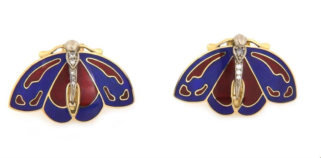 Vintage Butterfly Clip Earrings 18k Yellow Gold Red Blue Enamel Diamond Accents: Vintage Butterfly Clip Earrings 18k Yellow Gold Red Blue Enamel Diamond Accents These vintage butterfly clip-on earrings feature a charming design crafted in 18k yellow gold with blue and red enamel d