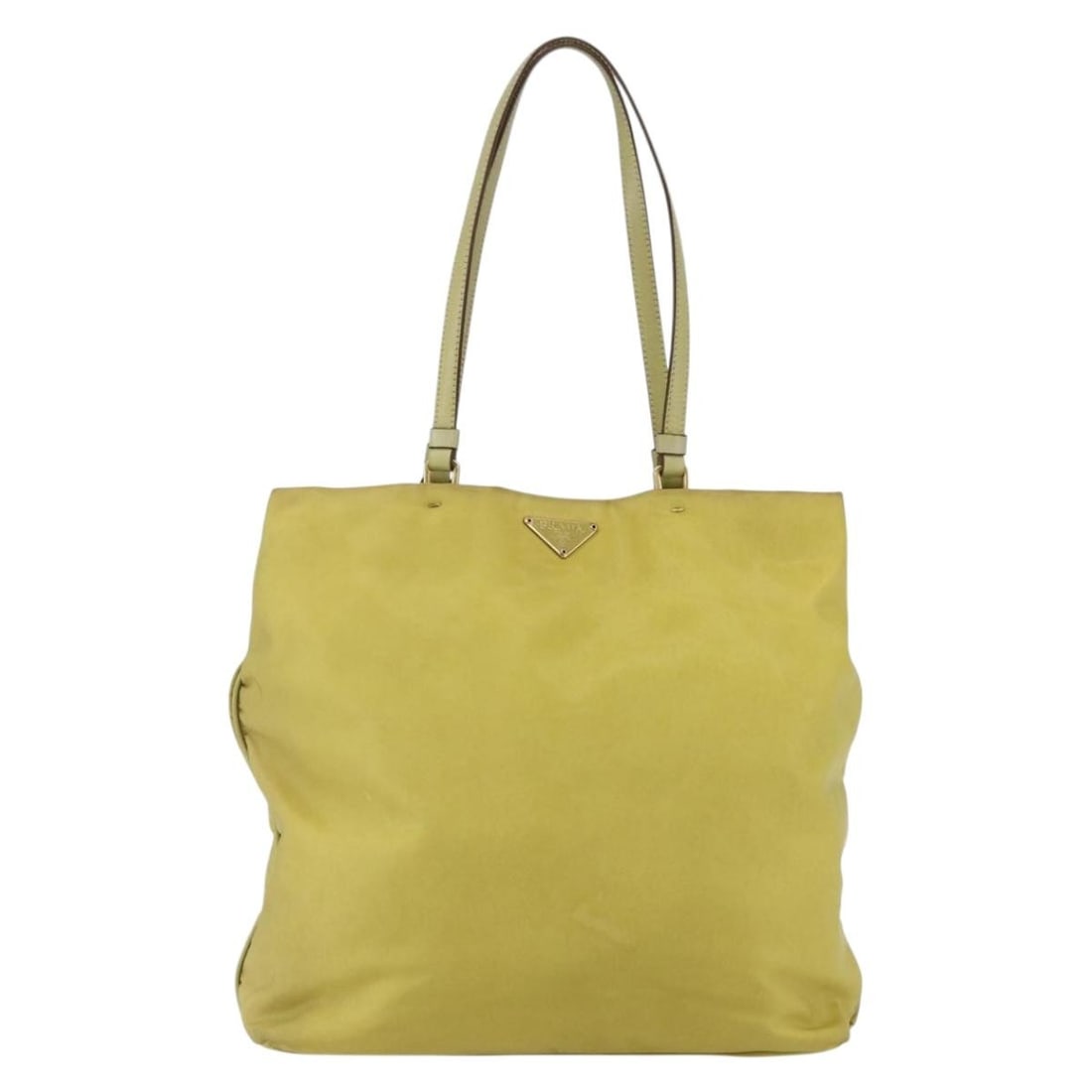 Yellow Nylon Prada Tote Bag Vintage Model 29cm by 30cm by 7cm: Yellow Nylon Prada Tote Bag Vintage Model 29cm by 30cm by 7cm This Prada vintage tote for women features a yellow nylon exterior. It has signs of wear including surface shape loss, rubbing, stains, ha
