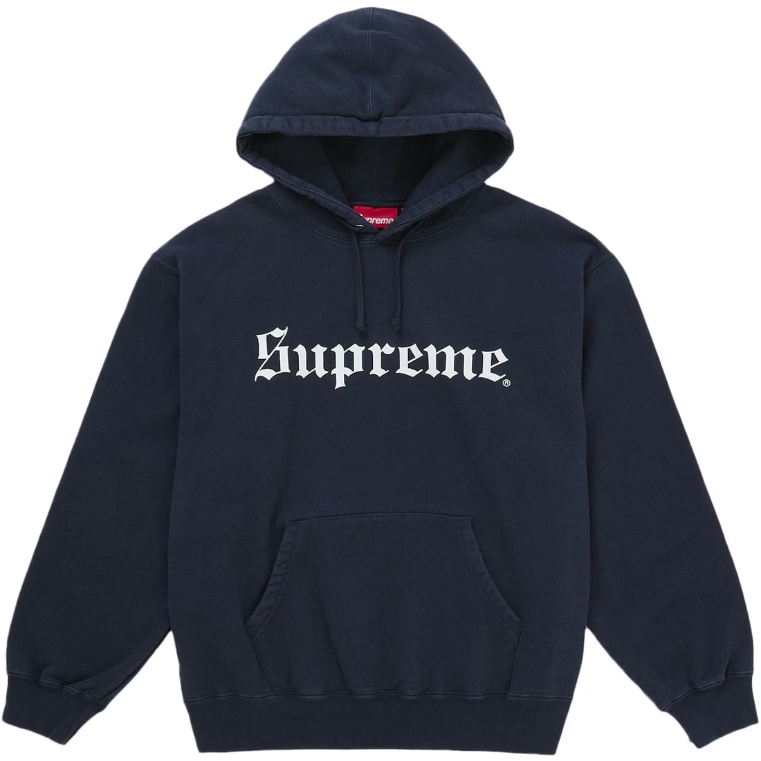 Navy Hoodie with Washed Finish and Old English Supreme Chest Logo: Navy Hoodie with Washed Finish and Old English Supreme Chest Logo This Supreme Washed Old English Navy Hoodie is crafted from premium heavyweight cotton and features a washed navy finish for a vintage