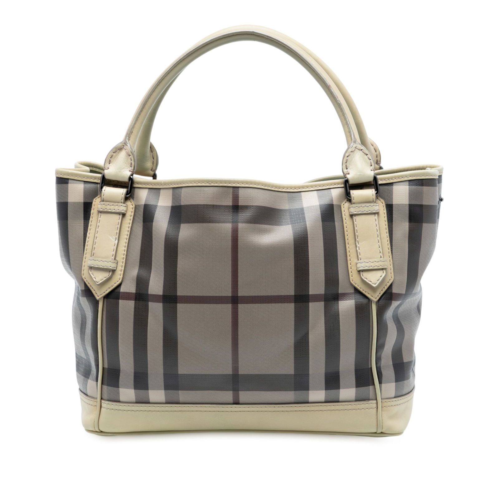 Burberry Smoked Check Coated Canvas Handbag with Leather Trim: Burberry Smoked Check Coated Canvas Handbag with Leather Trim This Burberry handbag showcases a stylish smoked check design on a coated canvas body, complemented by leather trim. It features rolled le
