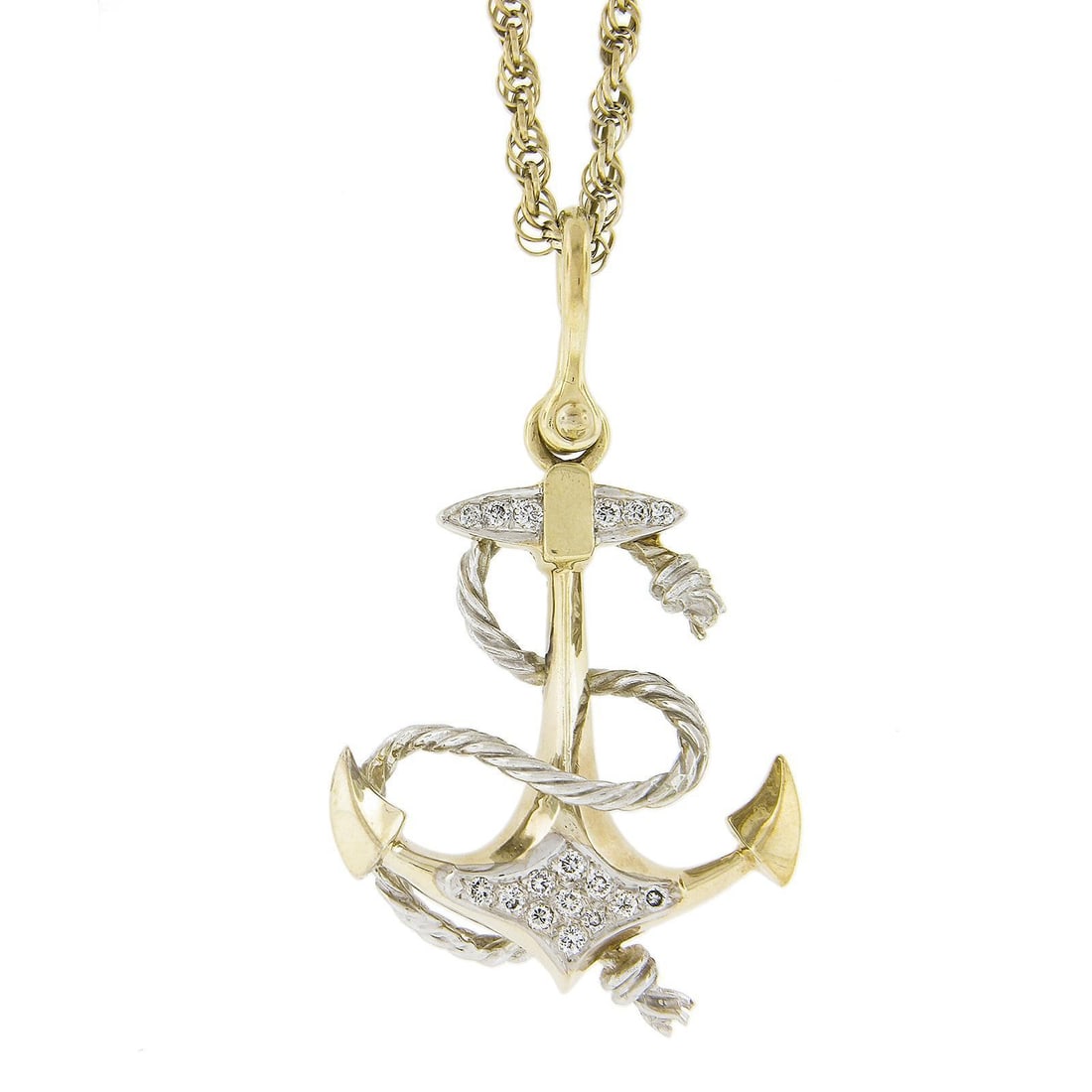 14K Two Tone 3D Anchor Pendant with 0.26ctw Diamonds on 22" Rope Necklace: 14K Two Tone 3D Anchor Pendant with 0.26ctw Diamonds on 22" Rope Necklace This stunning 14K two-tone anchor pendant features a captivating design adorned with 17 natural round brilliant cut diamonds,