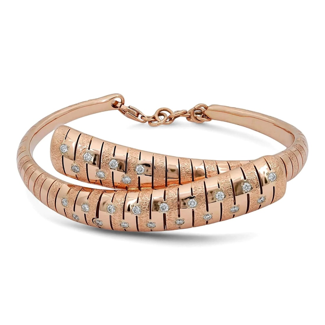 18k Rose Gold Spiral Bangle with 0.44ctw Round Diamonds by Giloro: 18k Rose Gold Spiral Bangle with 0.44ctw Round Diamonds by Giloro This Giloro spiral bangle bracelet is crafted in 18k rose gold and features a distinctive overlapping spiral design with textured link