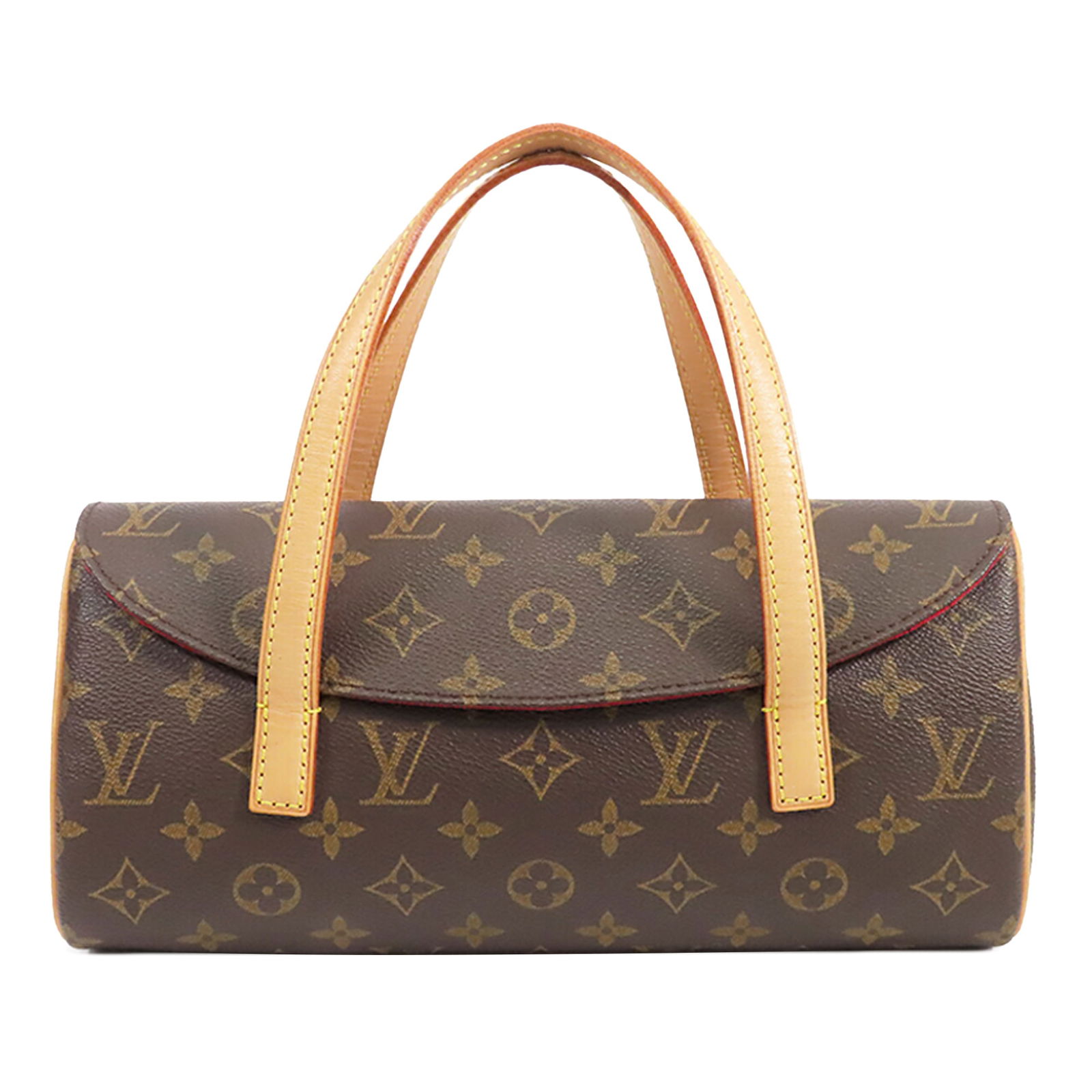 Louis Vuitton Sonatine Monogram Canvas Handbag with Vachetta Leather Straps: Louis Vuitton Sonatine Monogram Canvas Handbag with Vachetta Leather Straps The Louis Vuitton Monogram Sonatine features a monogram canvas body with flat vachetta leather straps, a magnetic snap closu