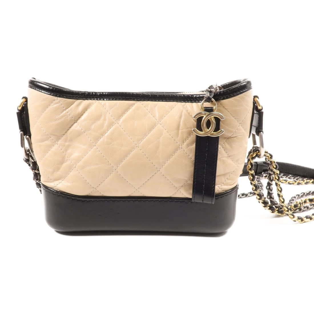 CHANEL Gabrielle Small Shoulder Bag Calfskin Leather Black Beige: CHANEL Gabrielle Small Shoulder Bag Calfskin Leather Black Beige Introducing the CHANEL CC Gabrielle Small Shoulder Bag, a refined accessory crafted from premium calfskin leather. This elegant bag fea