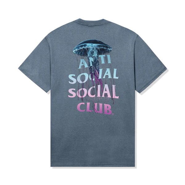 Stonewashed Blue Jellyfish T-Shirt by Anti Social Social Club: Stonewashed Blue Jellyfish T-Shirt by Anti Social Social Club This Anti Social Social Club Jellyfish Stonewashed Blue Tee features a distinctive jellyfish graphic design on a blue stonewashed cotton f