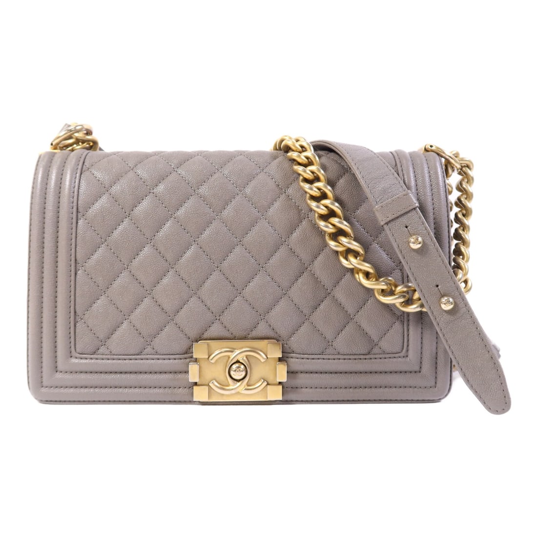 Chanel Boy 25 Grey Calfskin Chain Shoulder Bag with Gold Tone Hardware: Chanel Boy 25 Grey Calfskin Chain Shoulder Bag with Gold Tone Hardware This CHANEL Boy 25 chain shoulder bag features gray calfskin leather and the signature CC clasp. Designed with a structured silho