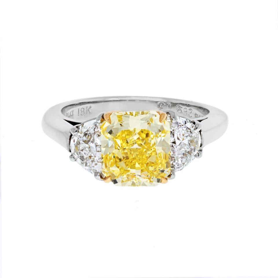 GIA Certified 2.16ct Fancy Intense Yellow Diamond Platinum and 18K Gold Ring Size 6.5 (1 of 5)