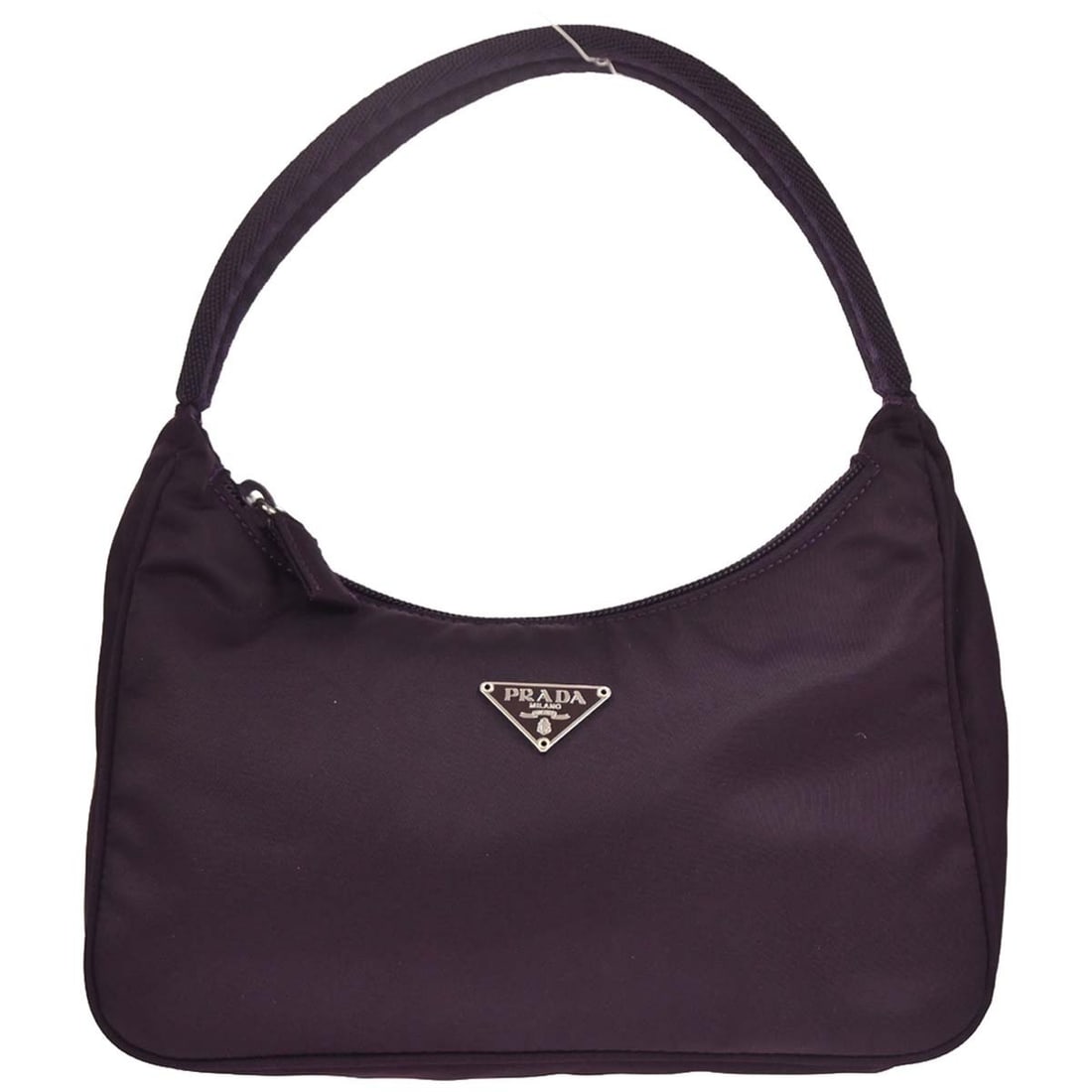 Small Purple Nylon Top Handle Bag by Prada with Logo Accent: Small Purple Nylon Top Handle Bag by Prada with Logo Accent This Prada top handle bag features a stylish purple nylon exterior with logo accents. Designed for casual occasions, it offers a compact sil