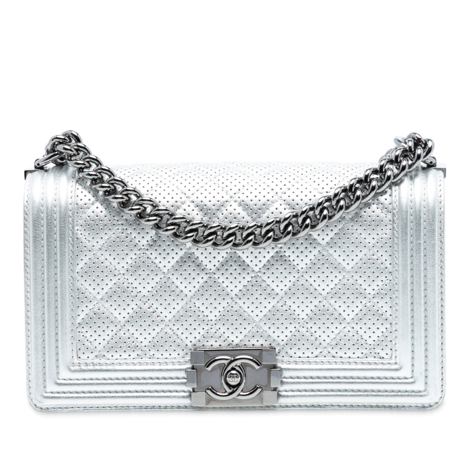 Chanel Boy Flap Silver Perforated Metallic Lambskin Old Medium Shoulder Bag (1 of 7)