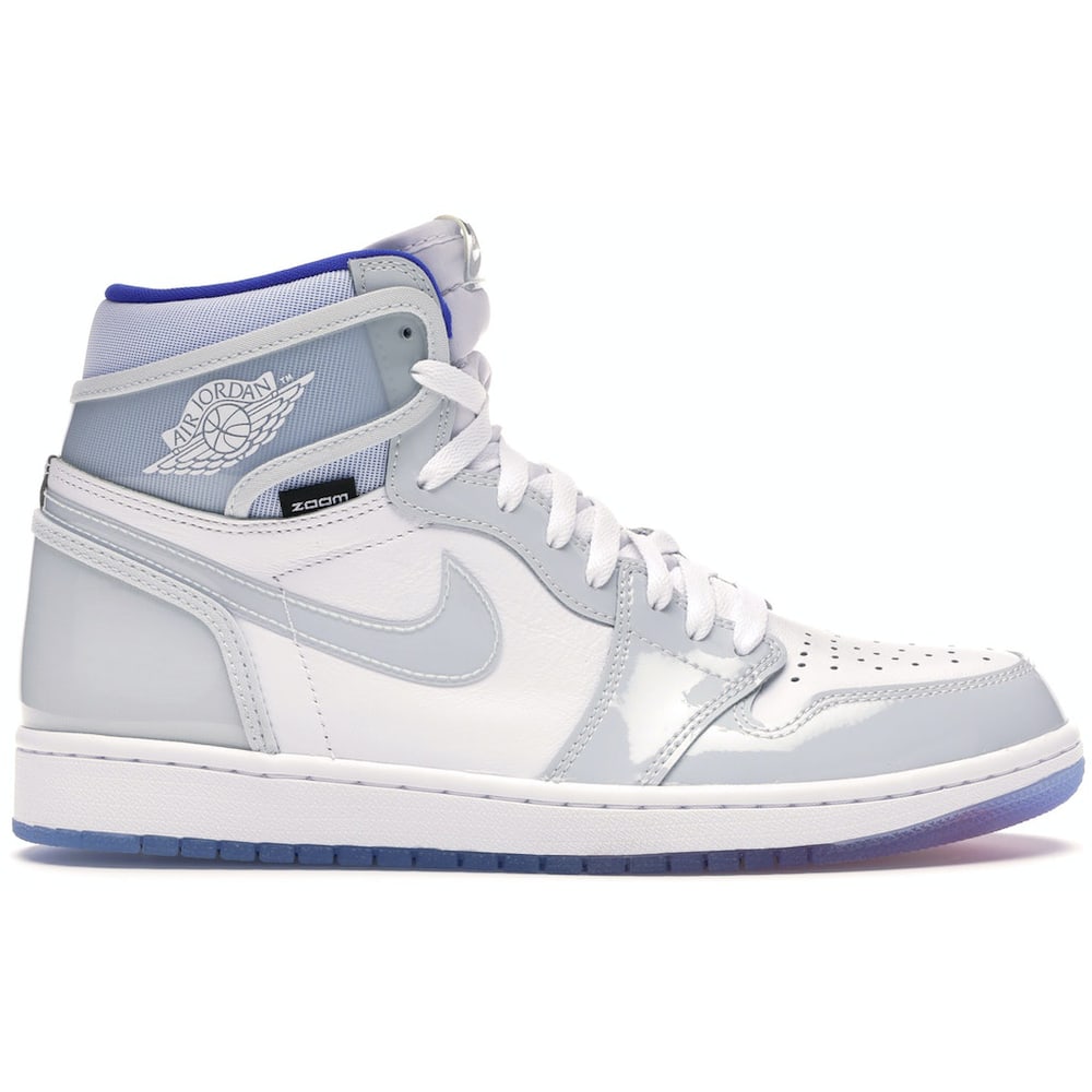 Air Jordan 1 High Zoom Racer Blue White Sneakers: Air Jordan 1 High Zoom Racer Blue White Sneakers The Jordan 1 High Zoom White Racer Blue is an authentic, un-used pair in unworn condition. This sneaker features a modern design in a white and racer b