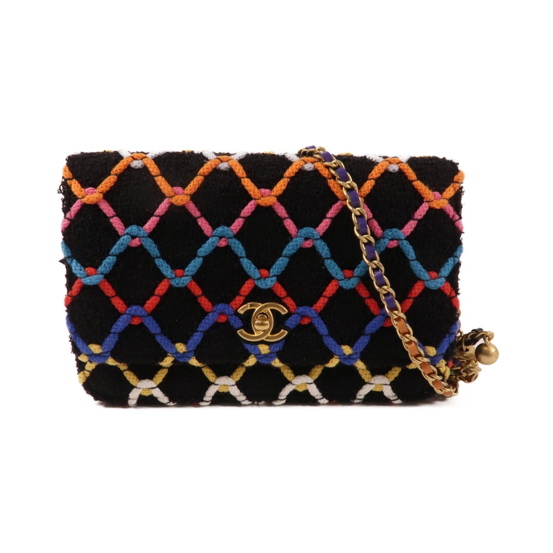 Chanel Wallet On Chain Tweed Shoulder Bag with CC Motif and Gold Hardware: Chanel Wallet On Chain Tweed Shoulder Bag with CC Motif and Gold Hardware This Chanel CC Wallet On Chain shoulder bag features a distinctive tweed exterior in black with multicolor accents. The bag is