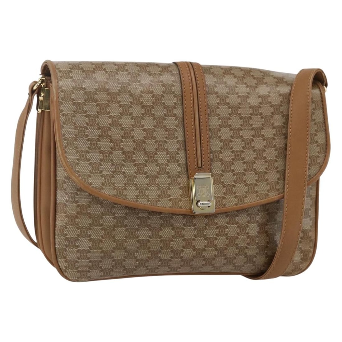 Vintage Celine Macadam Canvas Leather Shoulder Bag: Vintage Celine Macadam Canvas Leather Shoulder Bag This vintage Celine Macadam shoulder bag for women features a beige canvas body with leather accents. It measures 24cm x 18cm x 4cm and was made in I