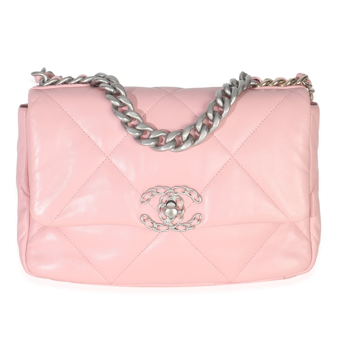 Chanel Small 19 Flap Bag in Light Pink Quilted Lambskin Leather: Chanel Small 19 Flap Bag in Light Pink Quilted Lambskin Leather This Chanel Small Chanel 19 Flap Bag features a light pink quilted lambskin leather exterior with both gold-tone and silver-tone hardwar