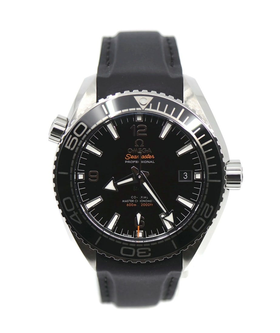 Seamaster Planet Ocean 44mm Stainless Steel Automatic Watch with Box and Papers: Seamaster Planet Ocean 44mm Stainless Steel Automatic Watch with Box and Papers This Omega Seamaster Planet Ocean wristwatch features a robust 44 mm stainless steel case with a black analog dial. It i