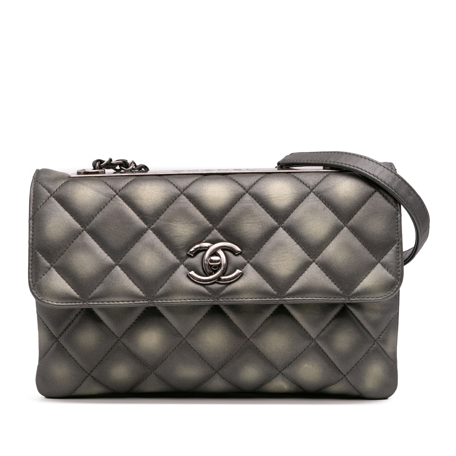 Chanel Gray Quilted Metallic Lambskin Trendy CC Flap Bag: Chanel Gray Quilted Metallic Lambskin Trendy CC Flap Bag Elevate your style with this Chanel Quilted Metallic Lambskin Trendy CC Flap shoulder bag. Crafted from luxurious quilted lambskin leather, thi