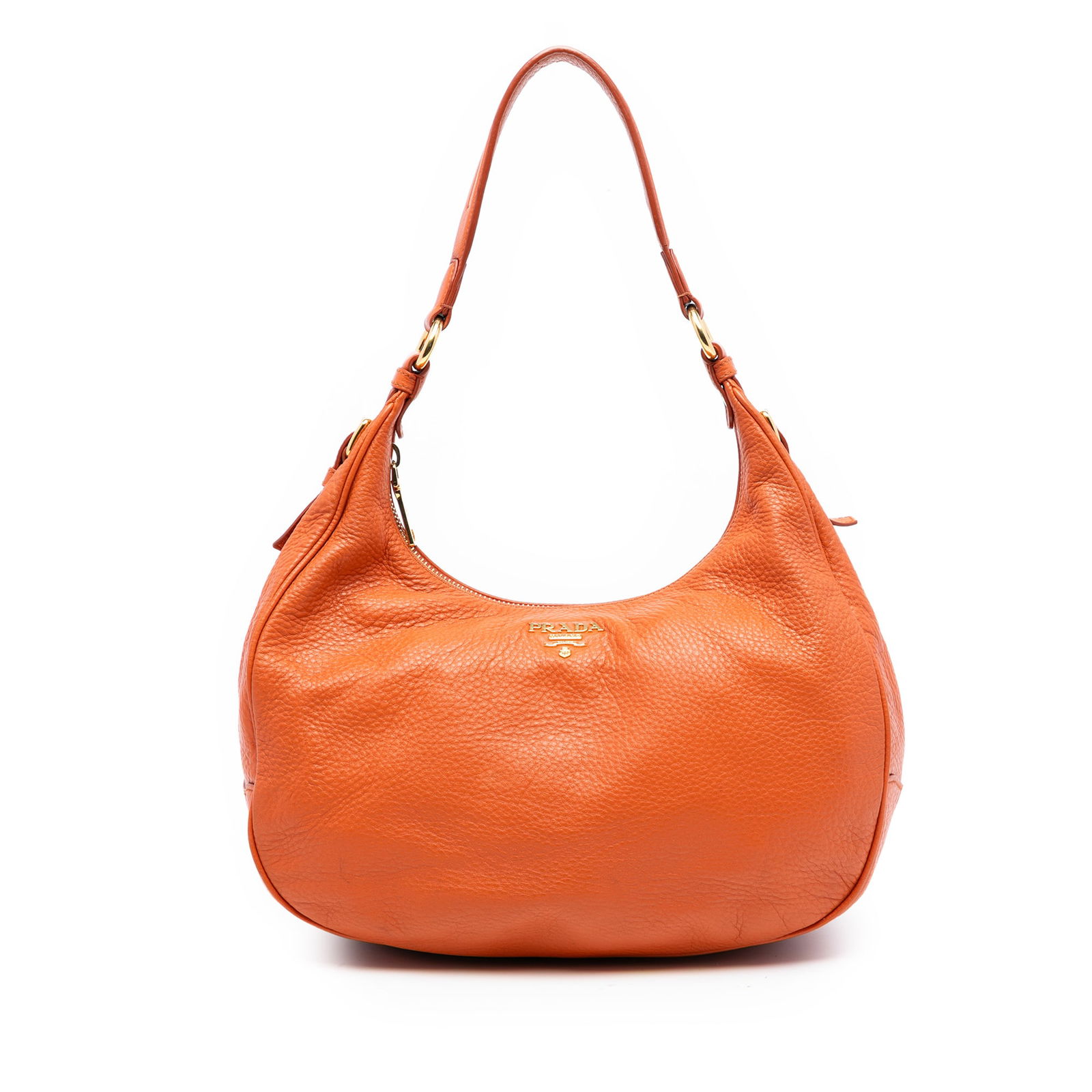Prada Vitello Daino Orange Leather Zip Hobo Bag: Prada Vitello Daino Orange Leather Zip Hobo Bag This Prada Vitello Daino Zip Top Hobo features an orange leather body with a flat leather strap, a top zip closure, and both interior zip and slip pocke