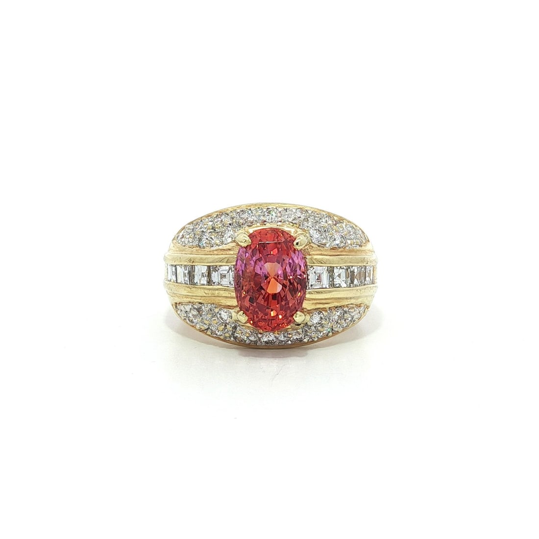 18k Yellow Gold AGL 3.56ct Fancy Pink Orange Ceylon Sapphire Diamond Cocktail Ring: 18k Yellow Gold AGL 3.56ct Fancy Pink Orange Ceylon Sapphire Diamond Cocktail Ring This exquisite cocktail ring features a stunning natural fancy pink-orange Ceylon sapphire, elegantly set in solid 18