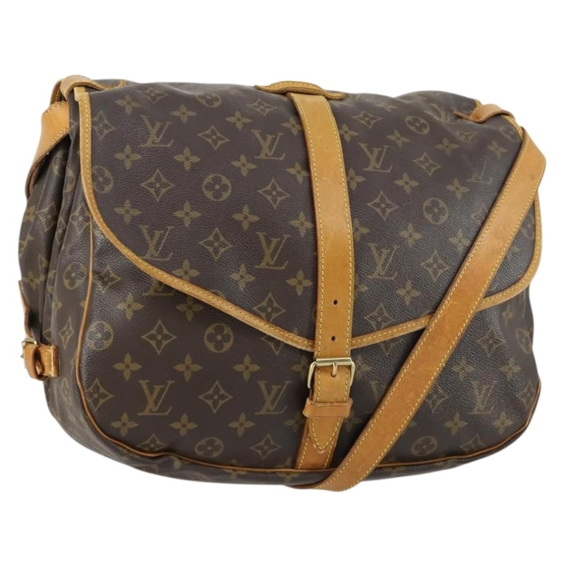 Saumur Brown Canvas Louis Vuitton Tote Bag 35cm by 30cm by 20cm: Saumur Brown Canvas Louis Vuitton Tote Bag 35cm by 30cm by 20cm The Louis Vuitton Saumur handbag features the iconic monogram canvas in a brown color. Designed for women, this pre-owned bag shows gent