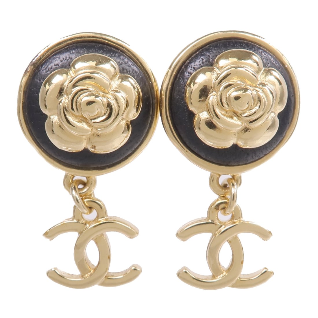 Chanel Pierced Earrings Black and Gold CC Logo Design: Chanel Pierced Earrings Black and Gold CC Logo Design These CHANEL CC pierced earrings feature a striking black and gold color combination. Crafted from unspecified metal and materials, they are desig
