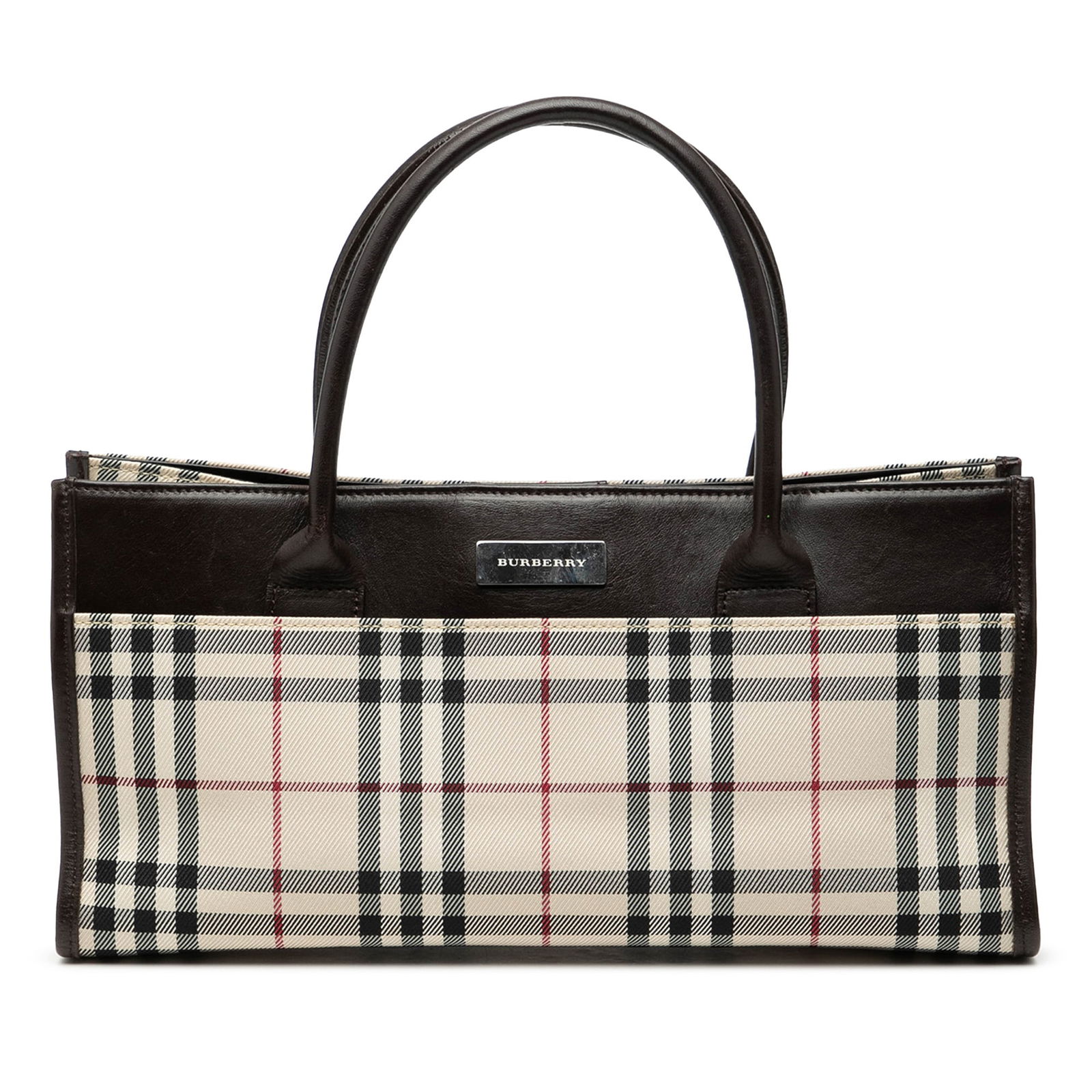 Burberry House Check Canvas Tote with Leather Trim and Magnetic Snap: Burberry House Check Canvas Tote with Leather Trim and Magnetic Snap This Burberry House Check Canvas Handbag features the signature house check canvas with leather trim and rolled leather handles. Th