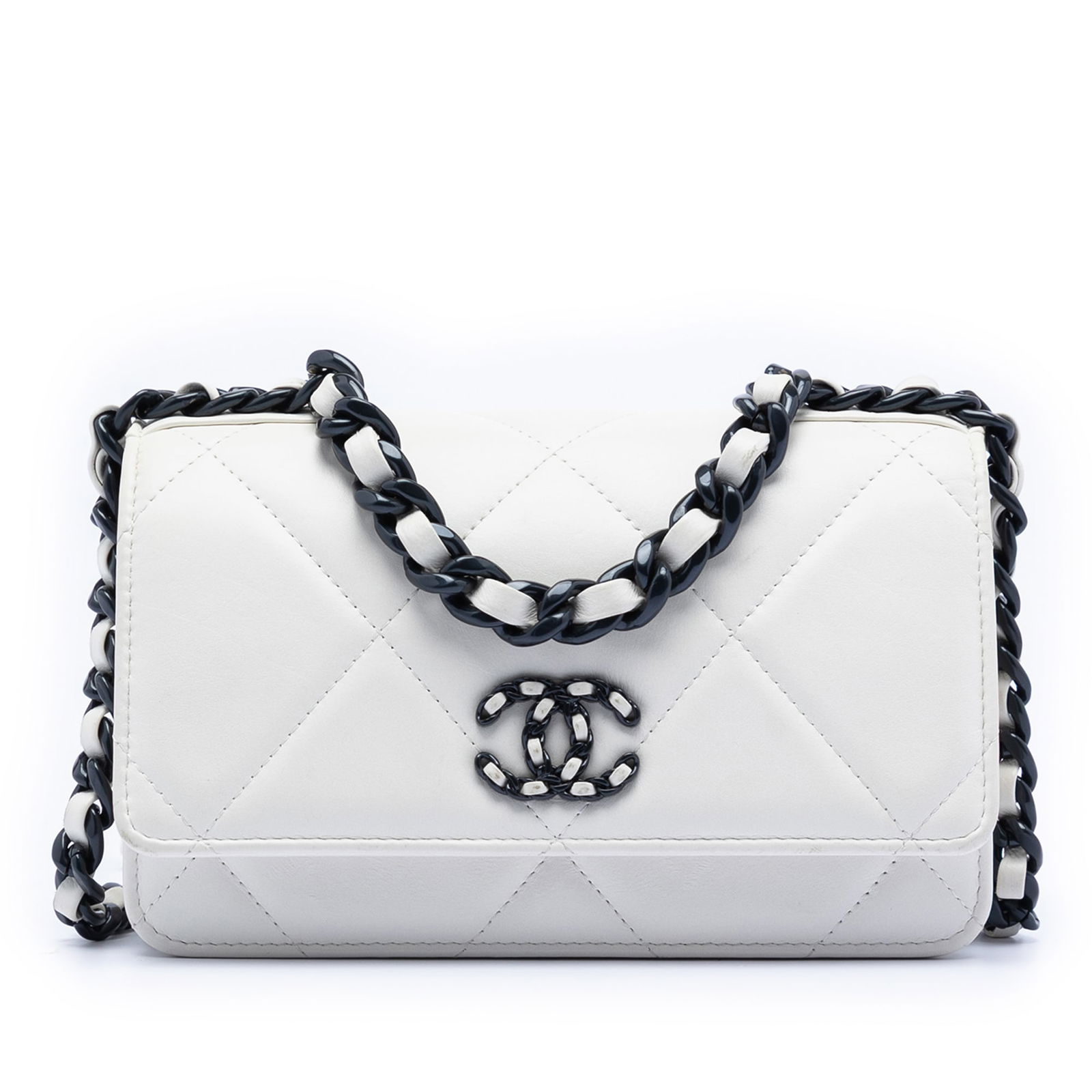 White Chanel 19 Quilted Lambskin Wallet on Chain Shoulder Bag: White Chanel 19 Quilted Lambskin Wallet on Chain Shoulder Bag This Chanel Quilted Lambskin 19 Wallet on Chain features a white quilted lambskin leather exterior, a chain-link handle, and a leather-wov