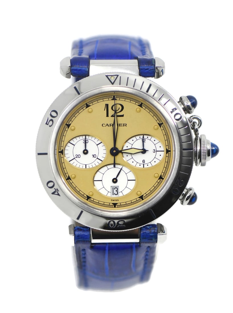 Cartier Pasha Blue Leather Band Stainless Steel Chronograph W3100355 Watch (1 of 5)