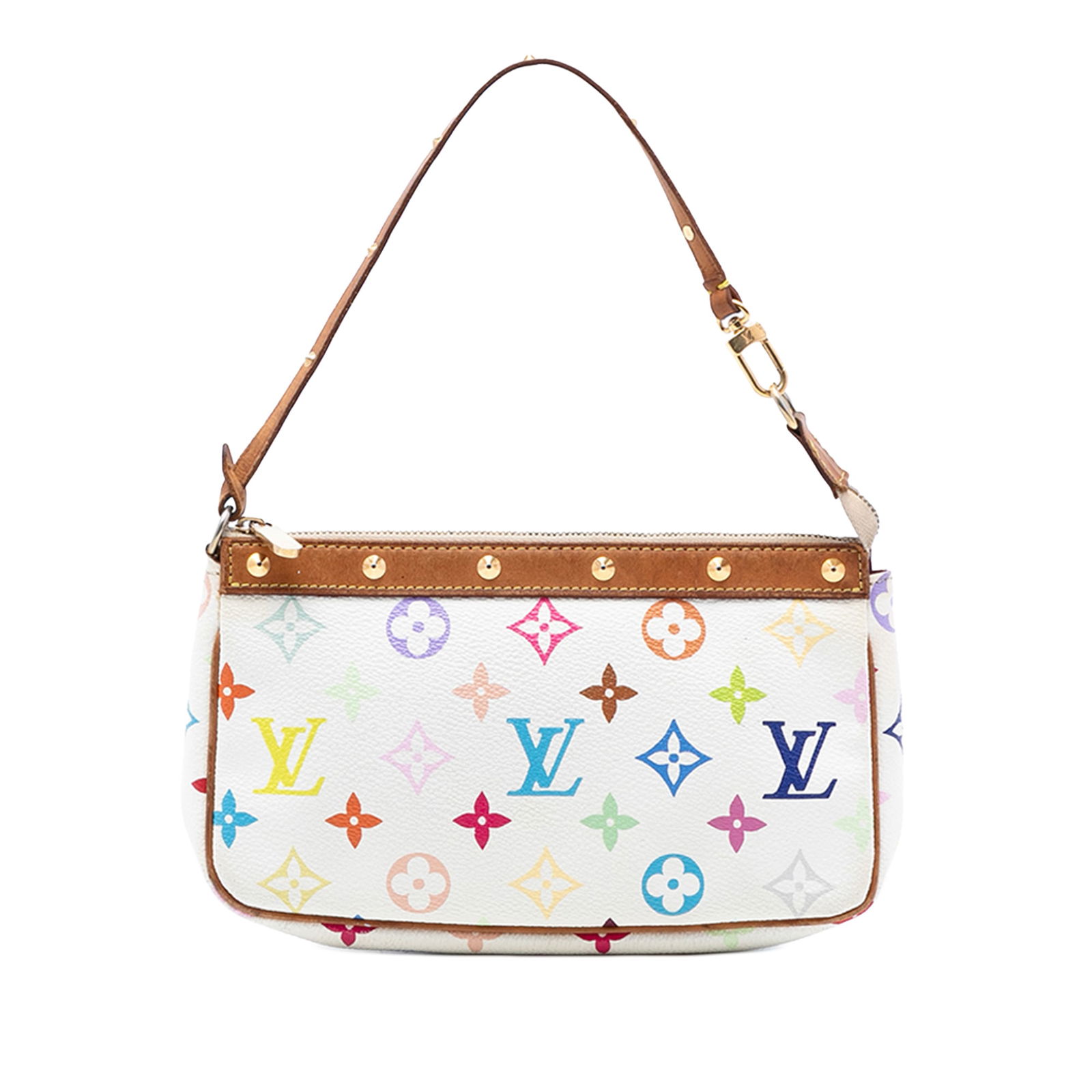 White Multicolore Canvas Pochette Accessoires by Louis Vuitton with Gold Stud Accents: White Multicolore Canvas Pochette Accessoires by Louis Vuitton with Gold Stud Accents This Louis Vuitton Monogram Multicolore Pochette Accessoires features a multicolore monogram canvas body accented