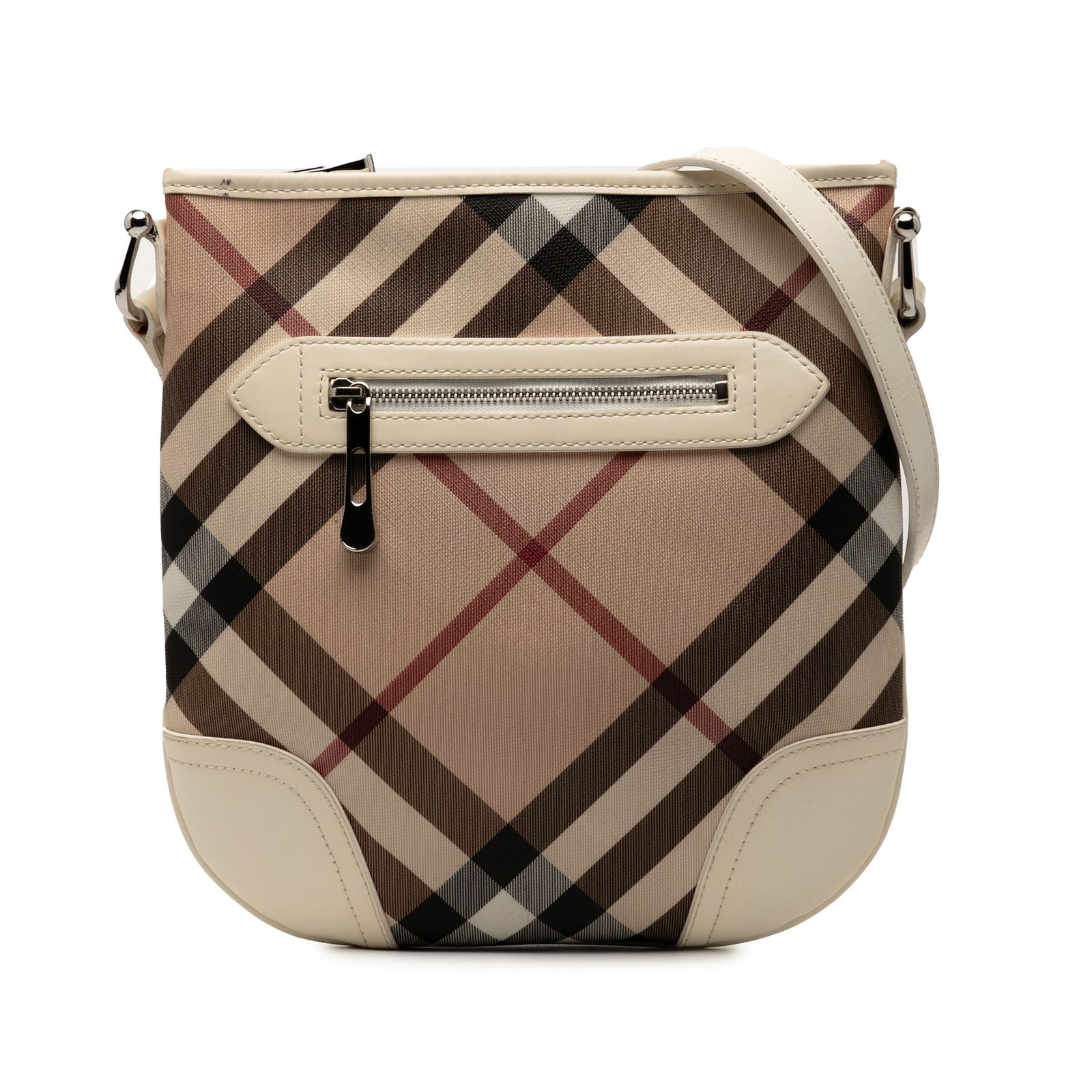 Dryden Crossbody Bag in Brown Supernova Check Coated Canvas by Burberry: Dryden Crossbody Bag in Brown Supernova Check Coated Canvas by Burberry This Burberry Supernova Check Dryden crossbody bag features a coated canvas body with patent leather trim, a flat patent leather