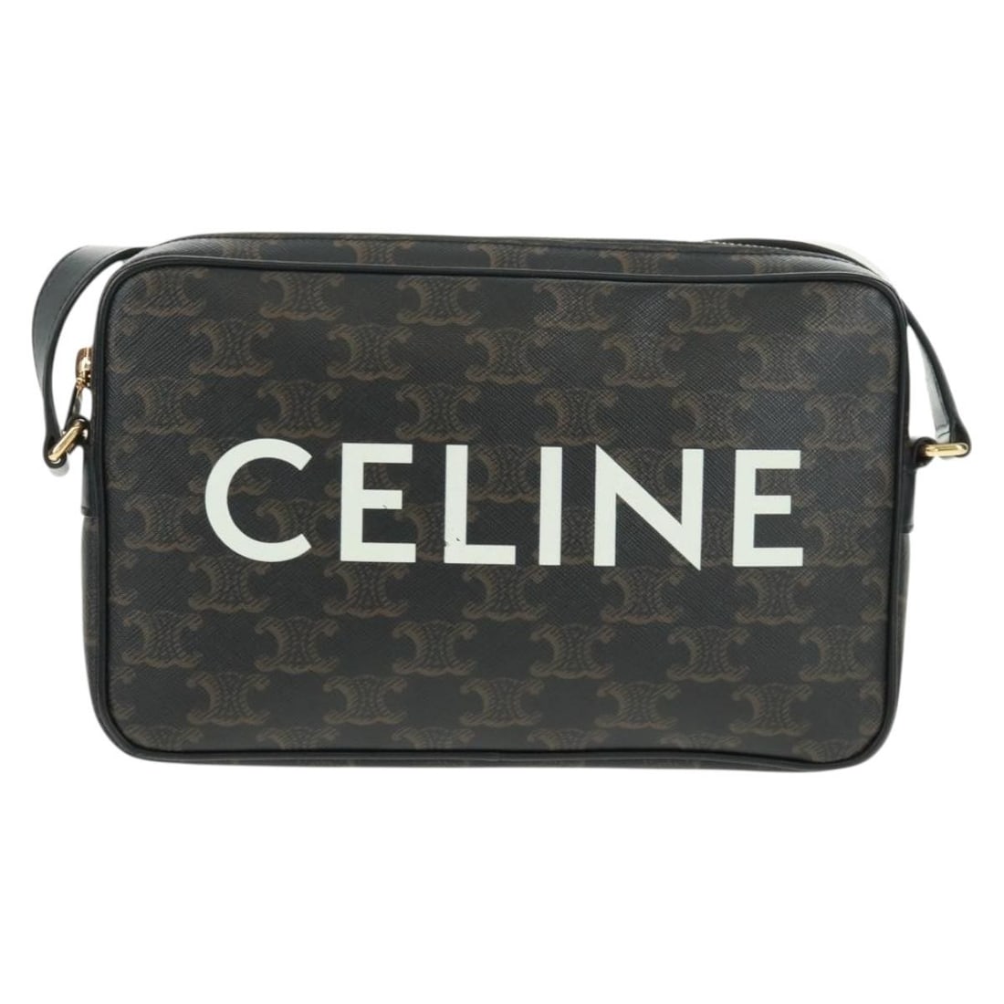 Celine Triomphe Coated Canvas Messenger Bag Black 23cm: Celine Triomphe Coated Canvas Messenger Bag Black 23cm This Celine Logo Messenger Bag for women features a coated canvas PVC material in black. The bag measures 23cm x 14cm x 4cm and is crafted in Ita