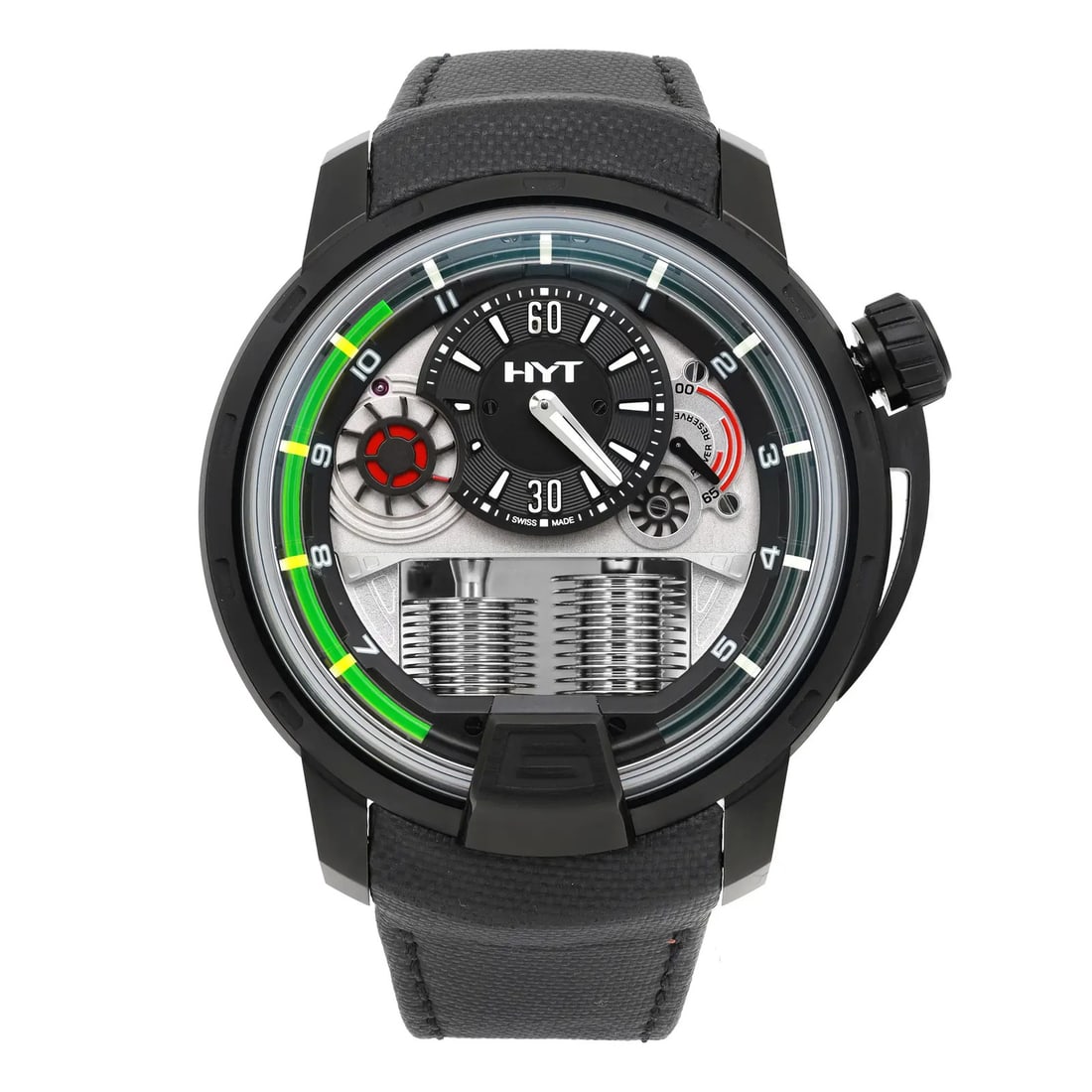 HYT H1 Luxury Black Tiranium 48.8mm Manual Wind Watch H00002-A Swiss Made: HYT H1 Luxury Black Tiranium 48.8mm Manual Wind Watch H00002-A Swiss Made The HYT H1 Black Tiranium wristwatch combines luxury and precision with its striking skeleton dial and manual wind movement. C