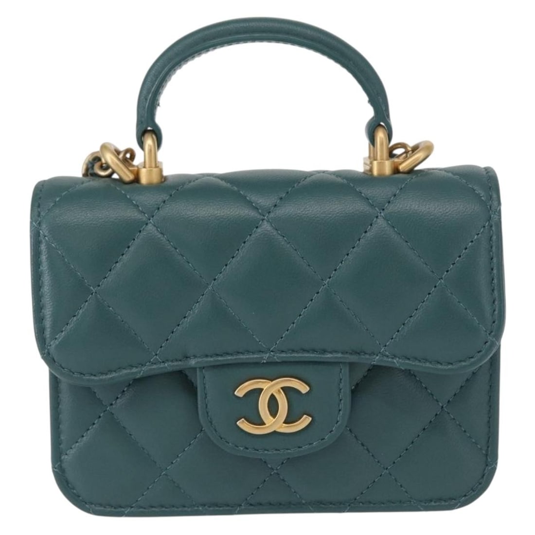 Chanel Green Quilted Lambskin Top Handle Coin Purse with Chain: Chanel Green Quilted Lambskin Top Handle Coin Purse with Chain This Chanel Top Handle Flap Coin Purse with Chain is crafted from green quilted leather and designed for women. The purse features a top