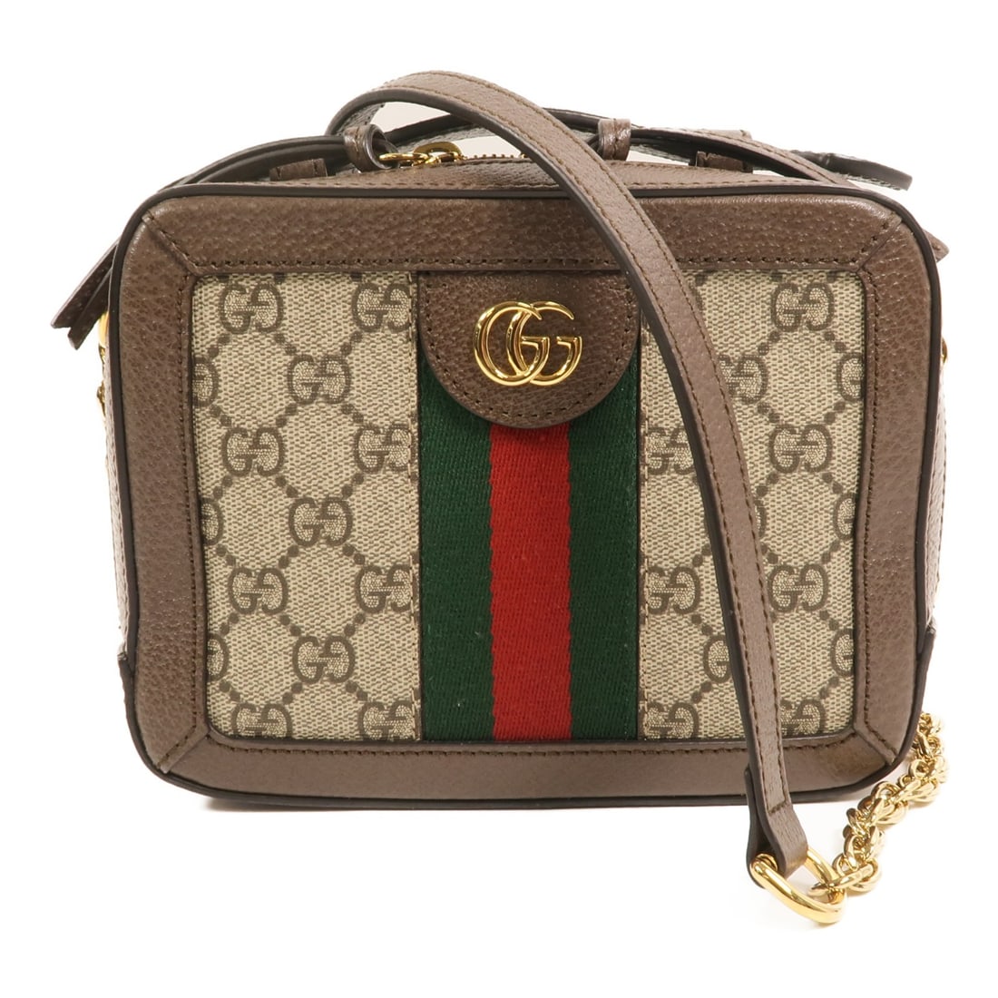 Gucci Ophidia Mini Brown Coated Canvas Bag with Chain and Gold Hardware: Gucci Ophidia Mini Brown Coated Canvas Bag with Chain and Gold Hardware This is a Gucci Ophidia GG Mini 2-way chain shoulder bag featuring brown PVC coated canvas with gold tone hardware. The bag offe