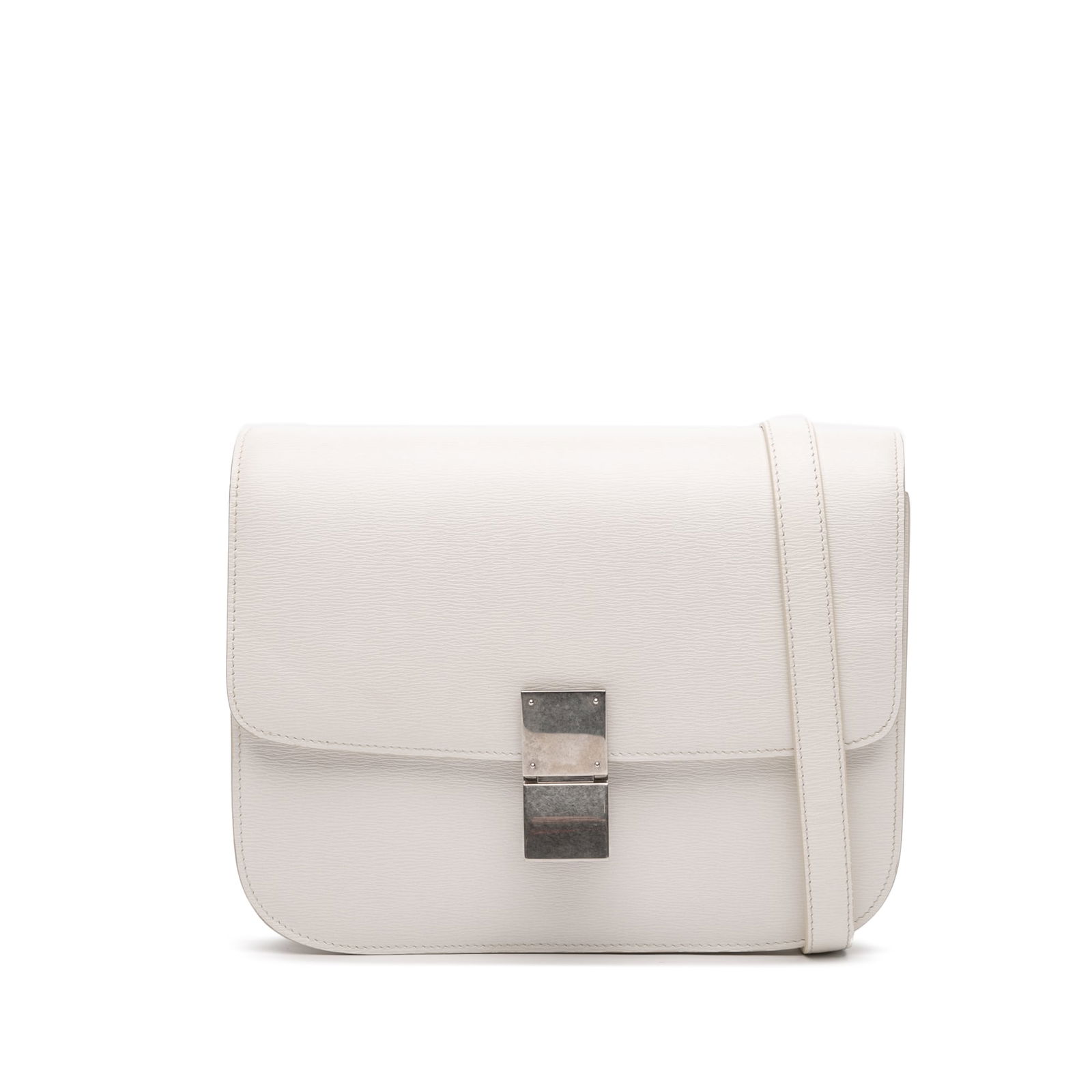 Celine Medium Calfskin Classic Box White Leather Bag: Celine Medium Calfskin Classic Box White Leather Bag The Celine Medium Calfskin Classic Box bag showcases a sophisticated design crafted from premium leather. It features a flat leather strap for comf