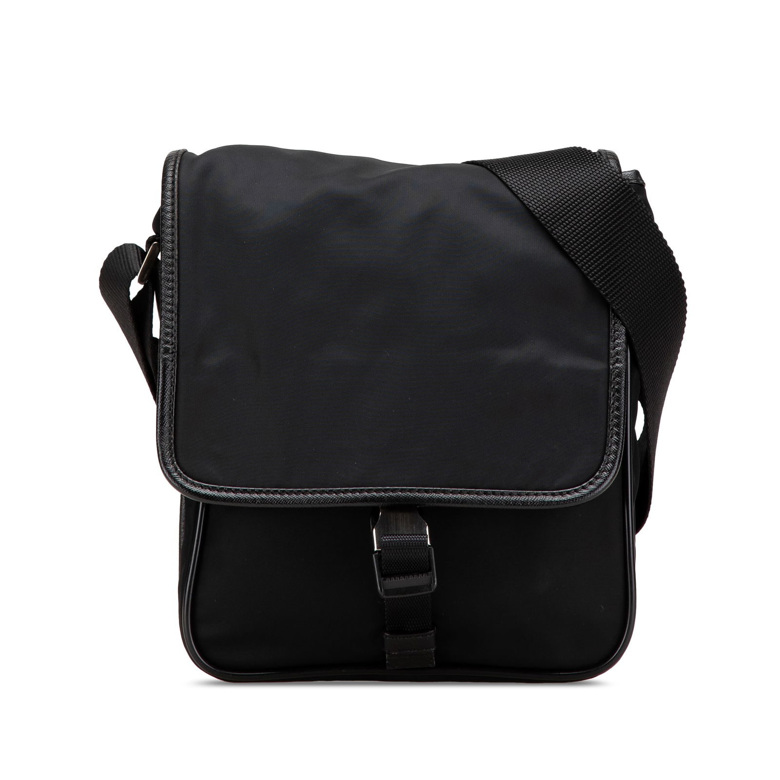 Prada Tessuto Buckle Messenger Bag Black Nylon Leather Trim Crossbody: Prada Tessuto Buckle Messenger Bag Black Nylon Leather Trim Crossbody The Prada Tessuto Buckle Messenger Bag is a stylish crossbody crafted from durable nylon with luxurious leather trim. This bag fea