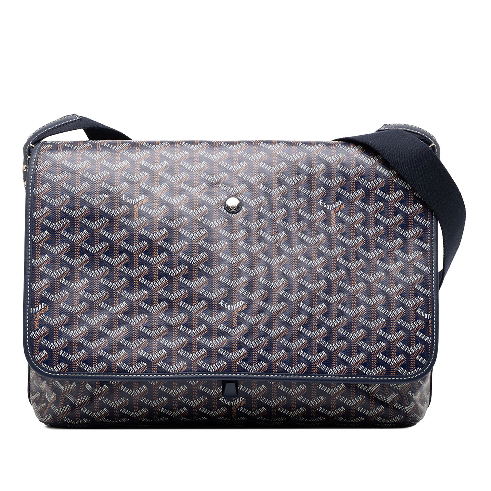 Goyard Capetien MM Blue Messenger with Adjustable Strap and Leather Trim: Goyard Capetien MM Blue Messenger with Adjustable Strap and Leather Trim This Goyardine Capetien MM Messenger Bag showcases a coated canvas body with leather trim, an adjustable flat shoulder strap, a