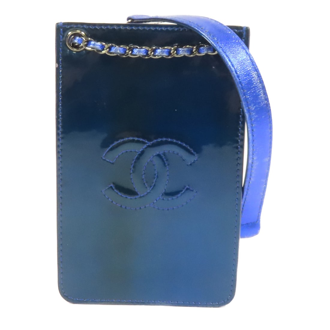 Blue Patent Leather CHANEL Shoulder Bag with CC Silver Tone Chain: Blue Patent Leather CHANEL Shoulder Bag with CC Silver Tone Chain This CHANEL shoulder bag features a striking blue patent leather exterior with silver-tone hardware. Designed in a compact size, it sh