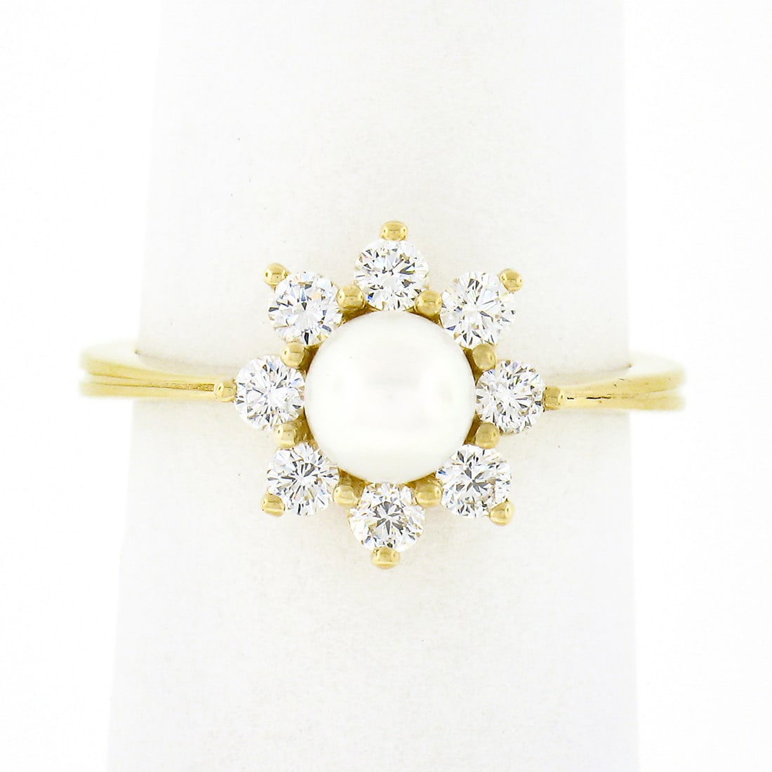 Classic 18k Yellow Gold Flower Cluster Ring with Pearl and Diamond: Classic 18k Yellow Gold Flower Cluster Ring with Pearl and Diamond Experience timeless elegance with this exquisite flower cluster ring, expertly crafted in solid 18k yellow gold. At the heart of this