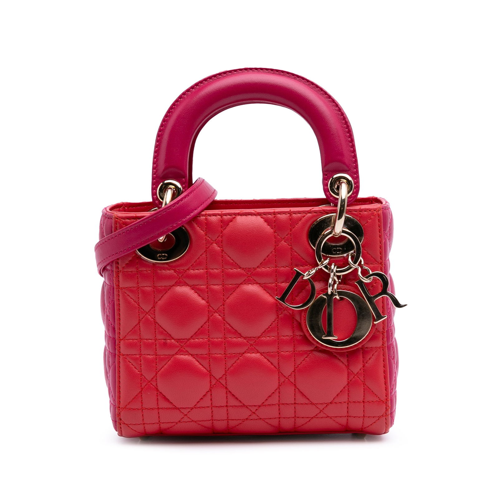 Dior Mini Bicolor Lambskin Cannage Lady Dior Red Bag: Dior Mini Bicolor Lambskin Cannage Lady Dior Red Bag Introducing the Mini Lady Dior, a stunning accessory crafted from luxurious quilted lambskin leather. This elegant bag features flat leather top ha