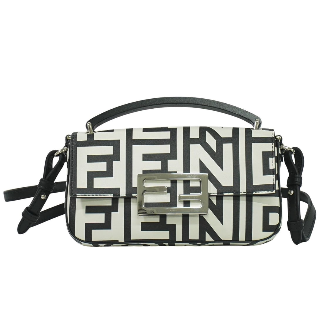 Printed Leather Baguette NM Bag by Fendi x Marc Jacobs: Printed Leather Baguette NM Bag by Fendi x Marc Jacobs This Fendi x Marc Jacobs Baguette NM Bag is crafted from white leather and designed for women. It features a compact silhouette with dimensions o