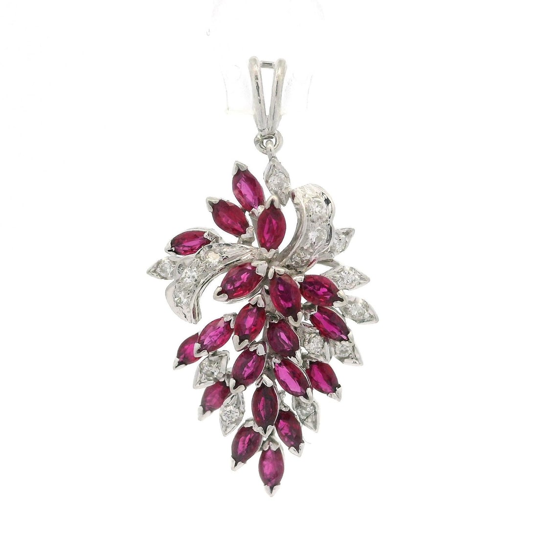 Vintage Platinum 1.83ctw Ruby Diamond Grape Vine Pendant: Vintage Platinum 1.83ctw Ruby Diamond Grape Vine Pendant This stunning vintage pendant showcases a beautiful cluster design inspired by grape vines, featuring a total carat weight of 1.83ctw. The pend