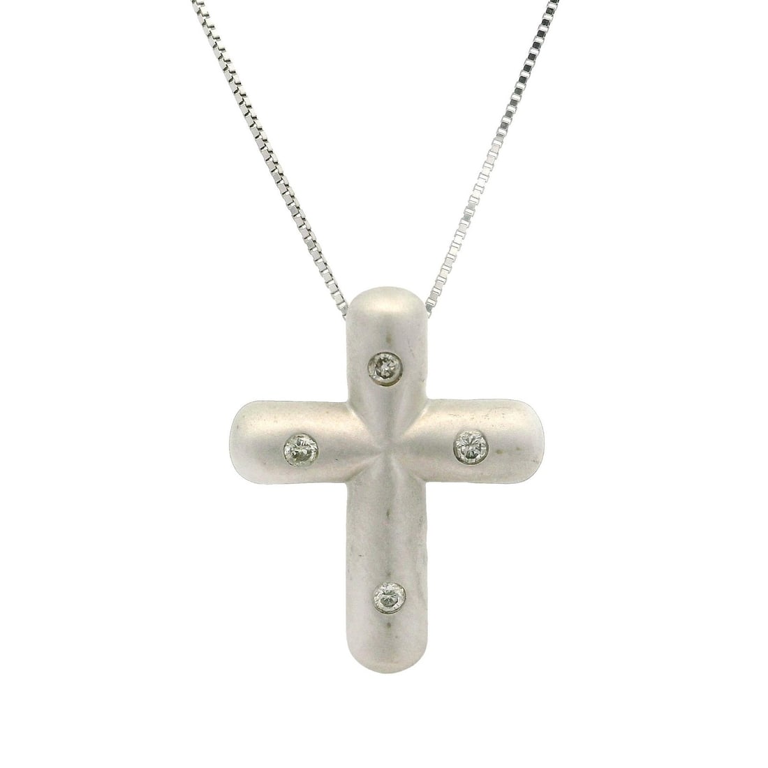 14k White Gold Diamond Cross Pendant Necklace 0.05ctw Sand Blast Finish: 14k White Gold Diamond Cross Pendant Necklace 0.05ctw Sand Blast Finish Elevate your style with this exquisite 14k White Gold Cross Pendant Necklace, featuring a unique sand blast matte finish. The pe