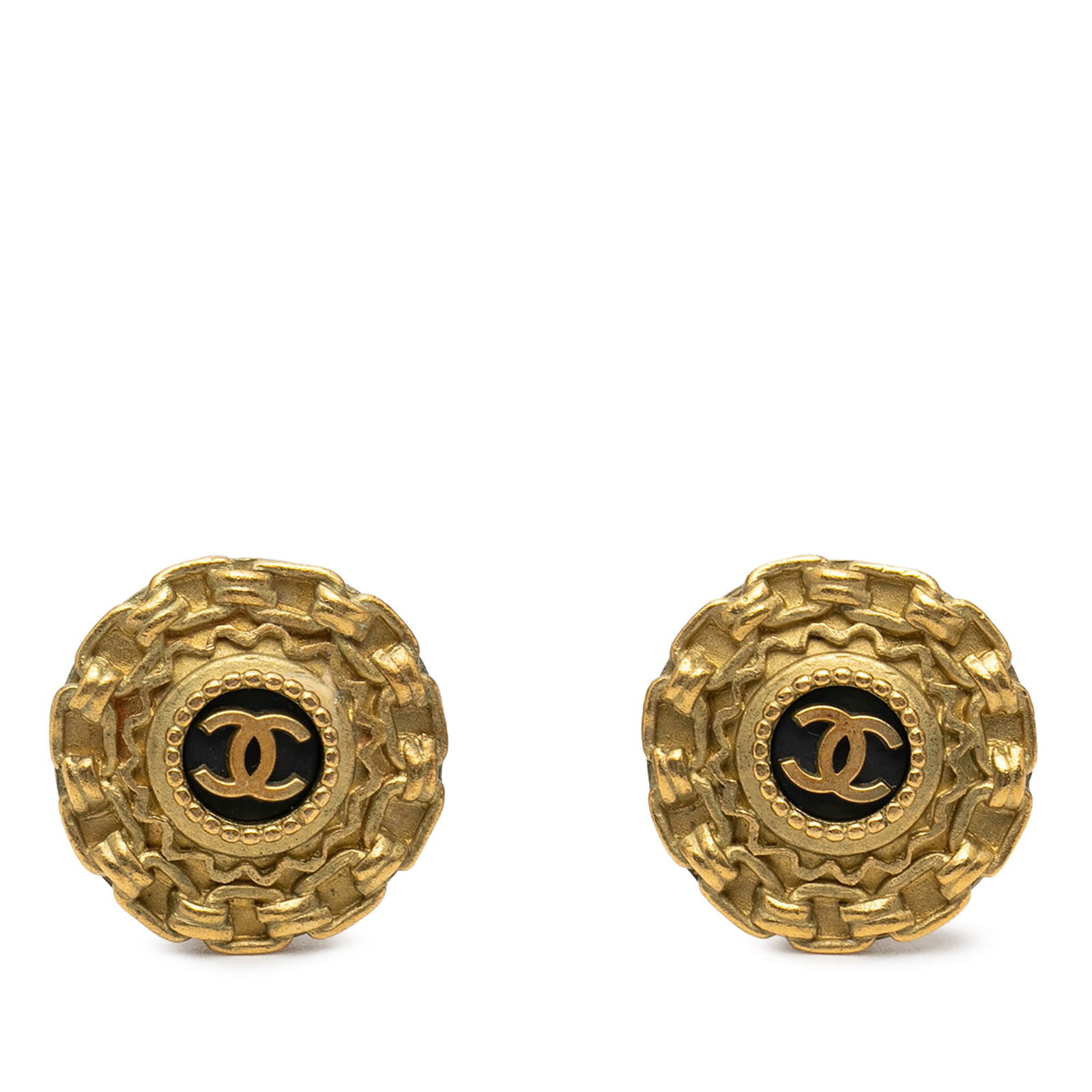 Chanel Round Clip Earrings Gold Tone Metal with Enamel CC Logo: Chanel Round Clip Earrings Gold Tone Metal with Enamel CC Logo These Chanel earrings showcase a gold tone metal body accented with enamel detailing and feature clip-on closures. The round costume earr