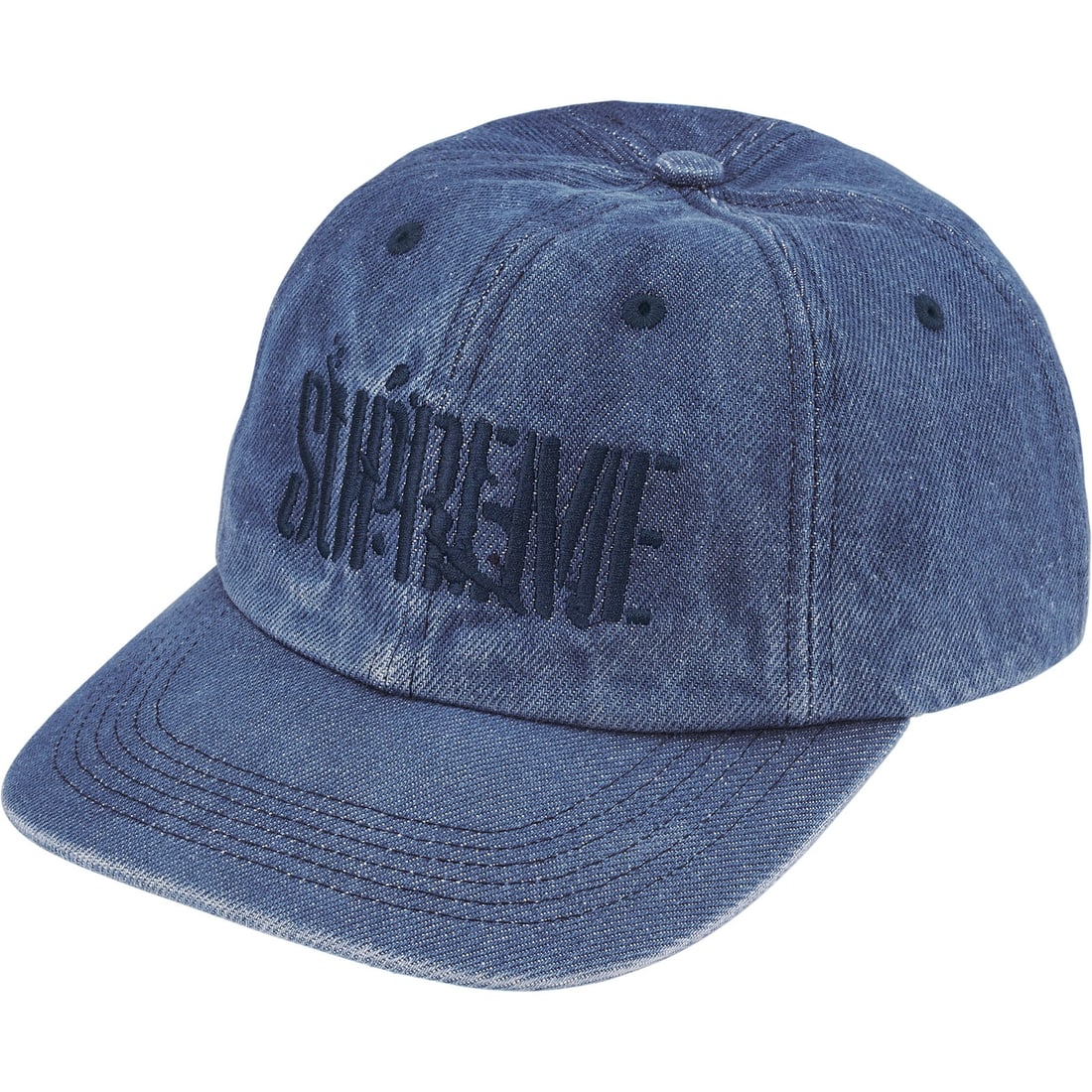 Washed Denim Six-Panel Cap with Splatter Effect by Supreme: Washed Denim Six-Panel Cap with Splatter Effect by Supreme This Supreme Splatter Washed Denim 6-Panel Hat features a unique splatter design on premium washed denim. The cap includes an adjustable stra