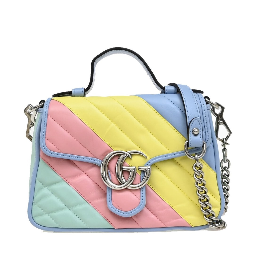 Gucci GG Marmont Multicolour Leather Top Handle Satchel Bag: Gucci GG Marmont Multicolour Leather Top Handle Satchel Bag This Gucci GG Marmont Top Handle Bag is crafted from multicolour leather and features a structured silhouette with a top handle design.
