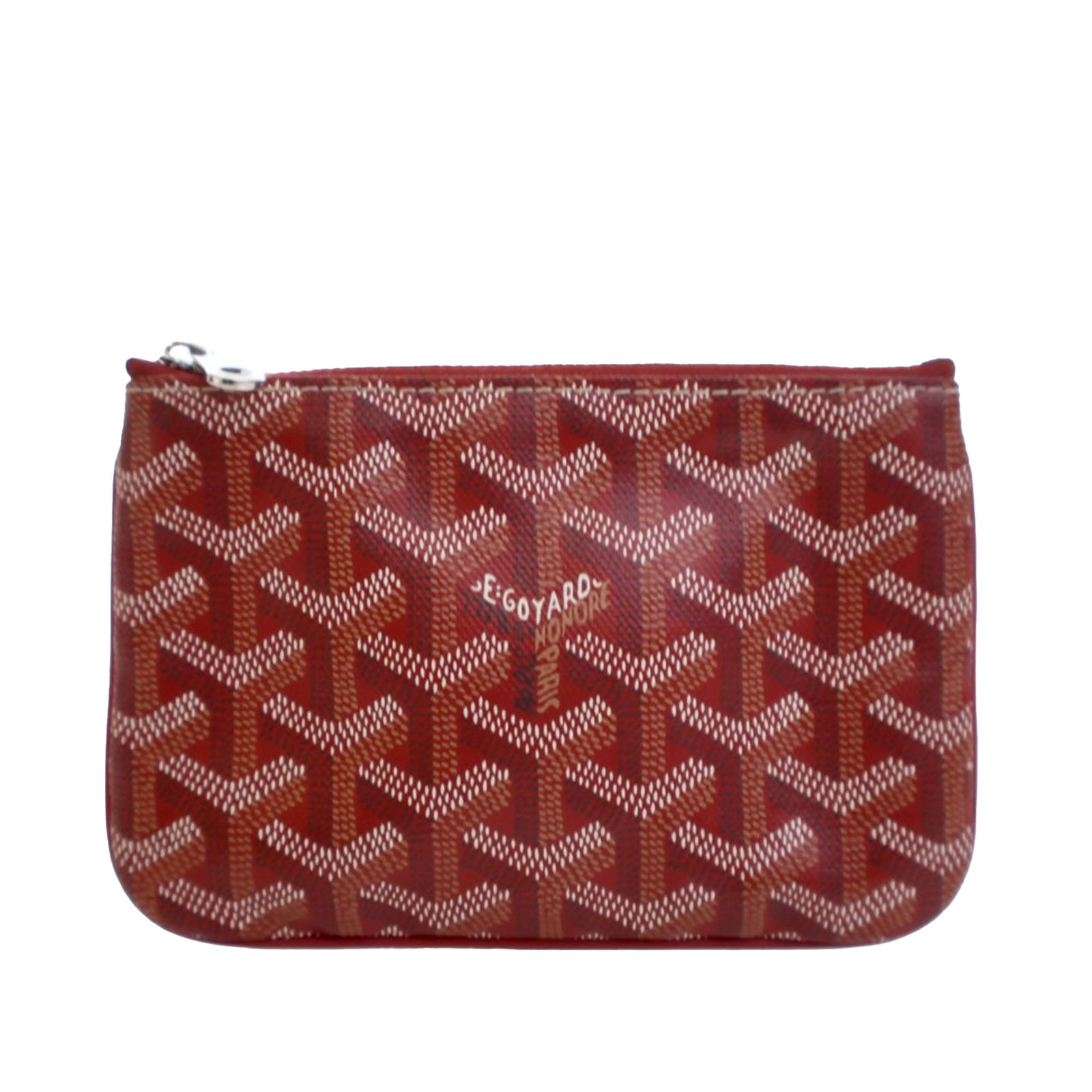 Goyard Mini Red Goyardine Senat Coated Canvas Zipper Pouch: Goyard Mini Red Goyardine Senat Coated Canvas Zipper Pouch This Mini Goyardine Senat Pochette features a coated canvas exterior in red with a top zip closure. The accessory is designed for small
