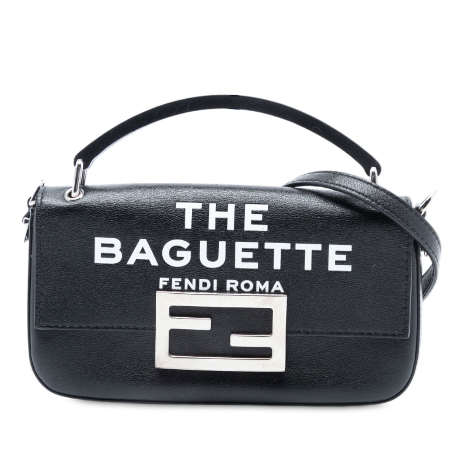 Fendi Marc Jacobs Baguette Leather Phone Pouch Crossbody Satchel: Fendi Marc Jacobs Baguette Leather Phone Pouch Crossbody Satchel This Fendi Marc Jacobs Baguette Phone Pouch Satchel is crafted from printed calfskin leather in black and features a flat leather top h