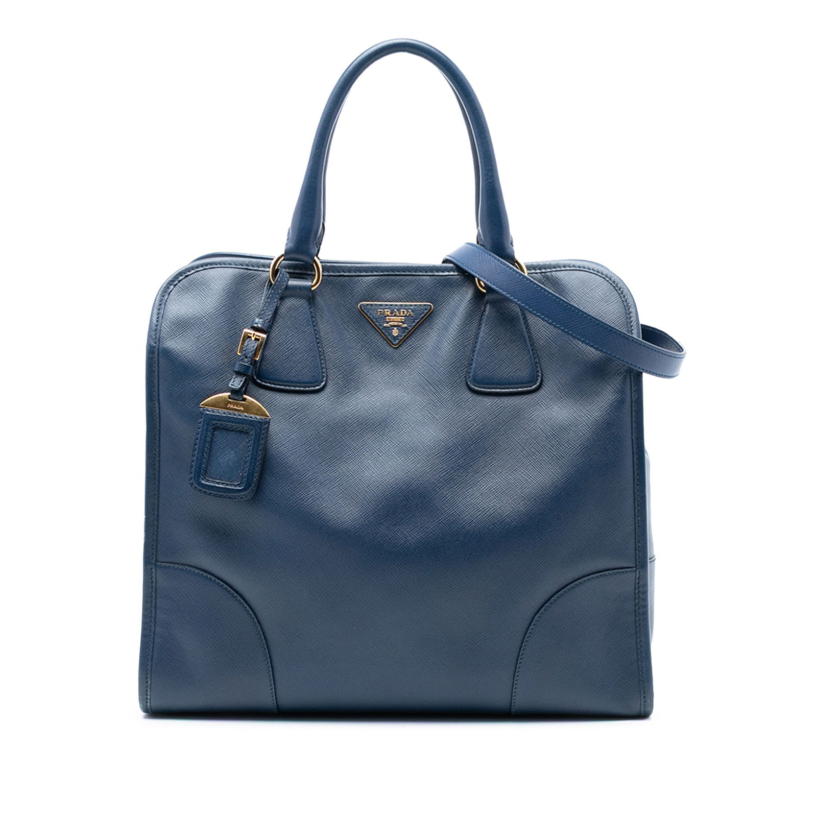 Blue Prada Saffiano Lux Leather Satchel with Shoulder Strap: Blue Prada Saffiano Lux Leather Satchel with Shoulder Strap This Prada Saffiano Lux Shopping Tote is crafted from saffiano leather with leather trim and features rolled leather handles, a detachable a