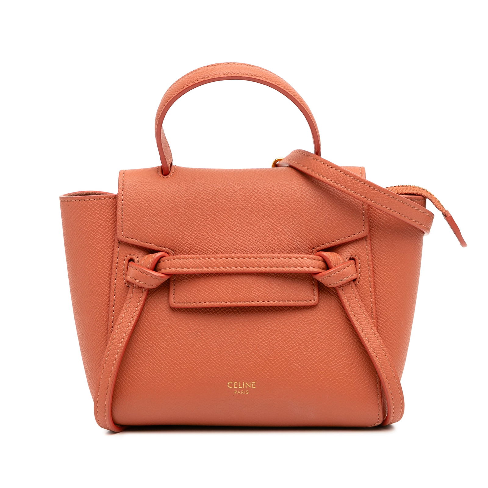 Celine Pico Orange Grained Calfskin Leather Belt Bag: Celine Pico Orange Grained Calfskin Leather Belt Bag Introducing the Celine Pico Grained Calfskin Belt Bag, a stylish accessory crafted from premium leather. This bag features a flat leather top handl