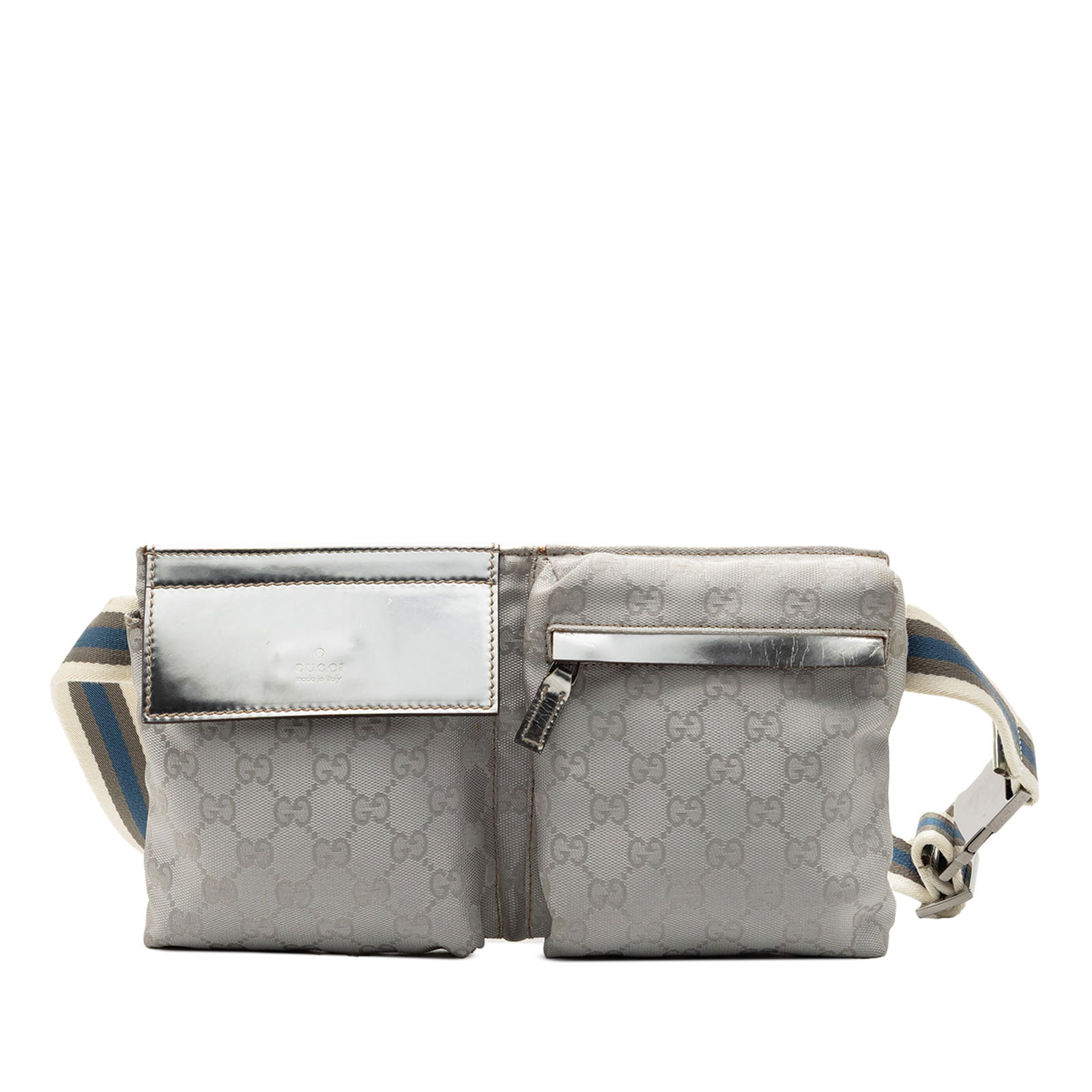GG Canvas Web Fabric Belt Bag with Double Front Pockets by Gucci: GG Canvas Web Fabric Belt Bag with Double Front Pockets by Gucci This Gucci GG Canvas Web Double Pocket Belt Bag features a canvas body with the signature GG pattern, a flat web canvas belt strap, fro